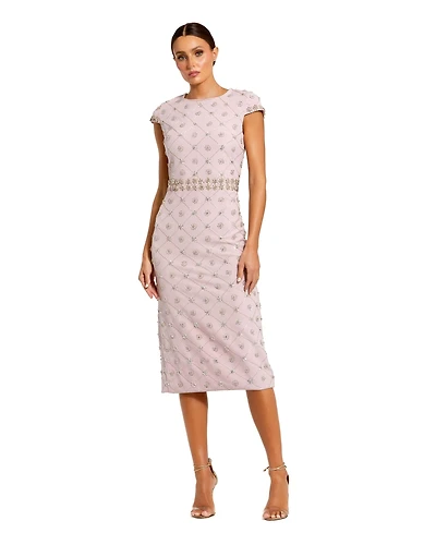 Mac Duggal Women's Hand Embellished High Neck Cap Sleeve Midi Dress