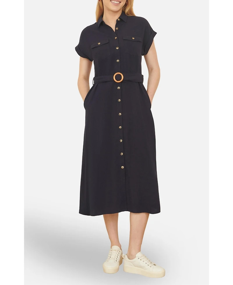 Yumi Women's Linen Look Midi Shirt Dress