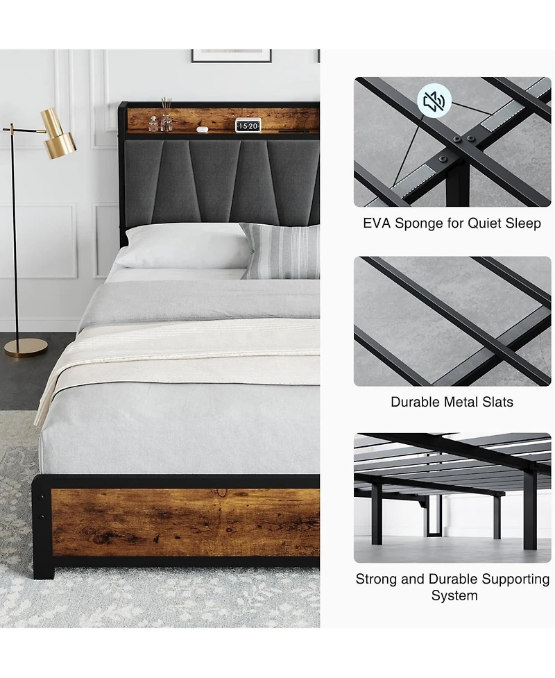 gaomon Bed Frame with Upholstered Storage Charging Headboard, Heavy Duty Metal Platform Bed Frame with 4 Storage Drawers