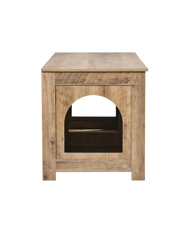 Aostirmotor Wooden Cat Litter Box Enclosure, 2-Room Hidden Pet Furniture with Greige Finish for Indoor Use