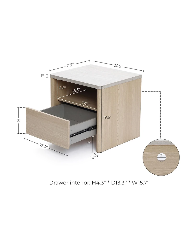 LuxenHome Snowy Oak Nightstand & End Table with Storage, Faux Travertine Top, Durable Manufactured Wood