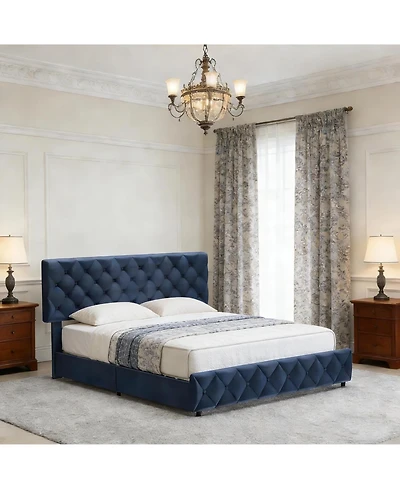 gaomon Upholstered Platform Bed Frame with Adjustable Headboard & 4 Storage Drawers - Diamond Tufted Linen - Sturdy & Noise