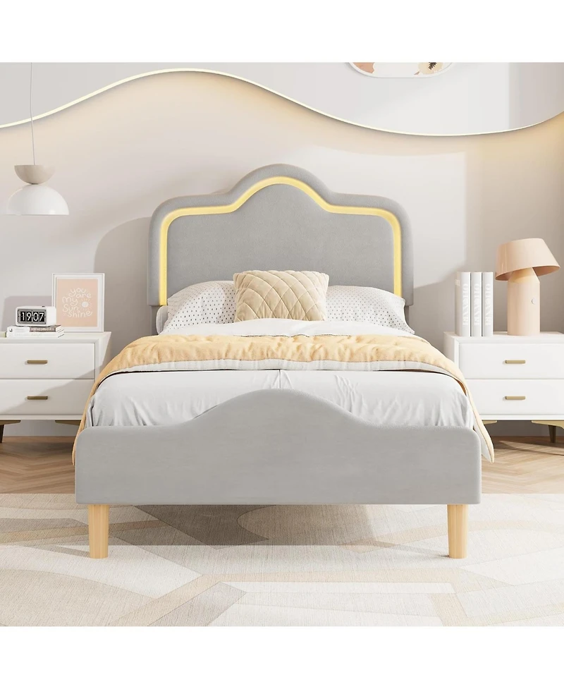 gaomon Bed Frame Adjustable Led Headboard Velvet Upholstered Princess Platform Wooden Slats No Box Spring