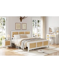 gaomon Full Bohemian Rattan Platform Bed Frame Headboard Strong Metal Slats Support Noise Free Design No Box Spring