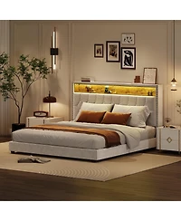 gaomon Bed Frame Button Tufted Upholstered Headboard Charging Station Bookcase Light Noise-free No Box Spring