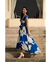Yumi Women's Blossom Print Dipped Hem Wrap Midi Dress