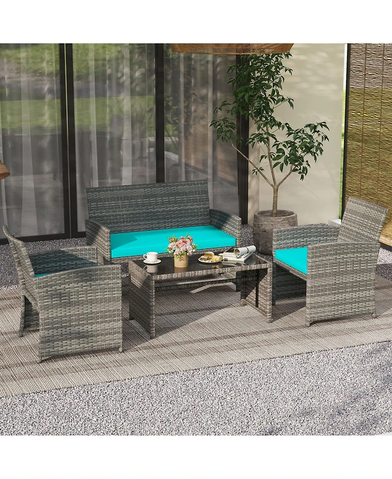 Gymax 4PCS Patio Outdoor Conversation Set w/Seat Cushions and Tempered Glass Tabletop