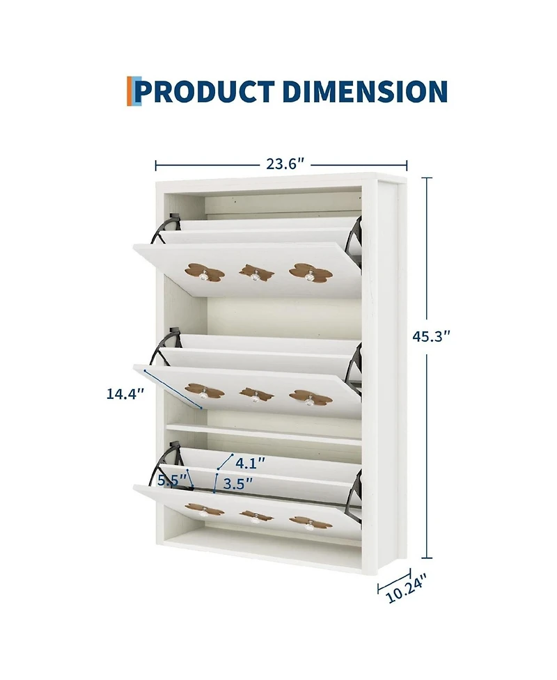 gaomon Shoe Cabinet with 3 Carved Flip Drawers, Crystal Handles, Storage Adjustable Shelf, Wooden Organizer