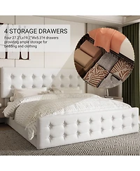 gaomon Bed Frame 4 Storage Drawers Linen Upholstered Headboard Wooden Slats No Box Spring Button Tufted.