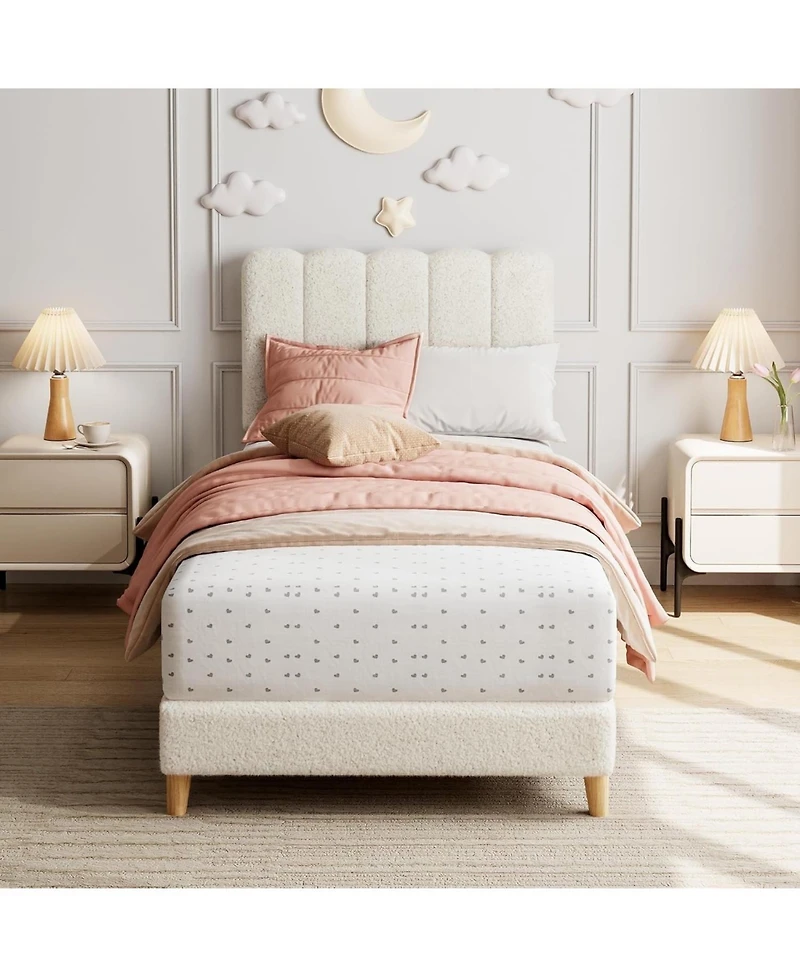 gaomon Twin Boucle Bed Frame Wave Headboard Upholstered Platform Wood Slat Support No Box Spring Easy Assembly