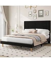 gaomon Bed Frame with Adjustable Headboard, Velvet Upholstered Platform Bed Frame, Vertical Channel Tufted, Strong Wooden Slats