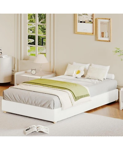 gaomon Bed Frame，Corduroy Low Bed Frame Without Headboard, Thick Fabric Upholstered Platform Bed, Solid Wood Legs, No Box Spring Needed