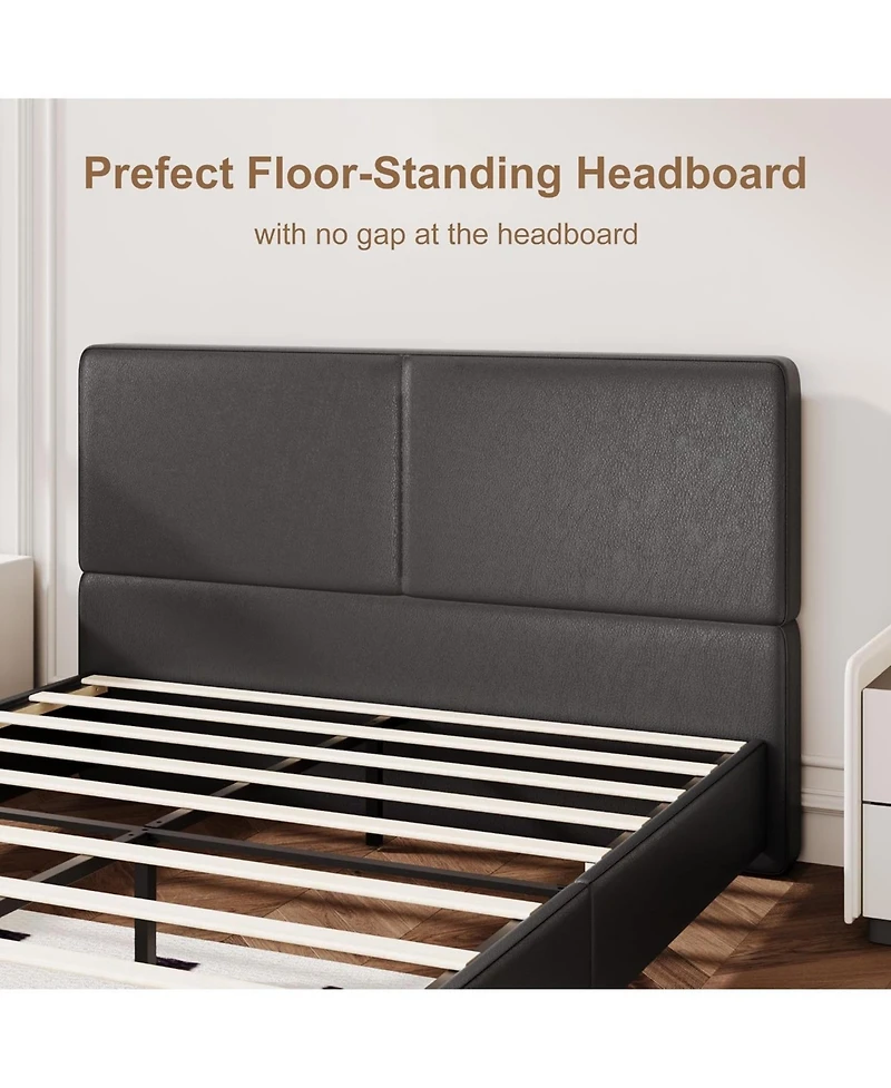 gaomon Upholstered Platform Bed Frame with 2 Storage Drawers, Faux Leather Low Profile Bed Base with Wood Slat Support