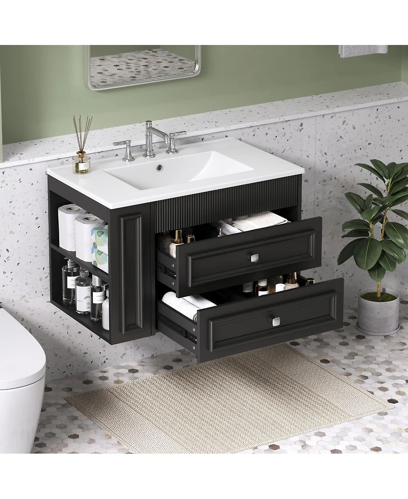 Sillysis 30" Wall Mounted Bathroom Vanity with Sink, Modern Mdf Cabinet, 2 Drawers and Open Shelves for Small Spaces