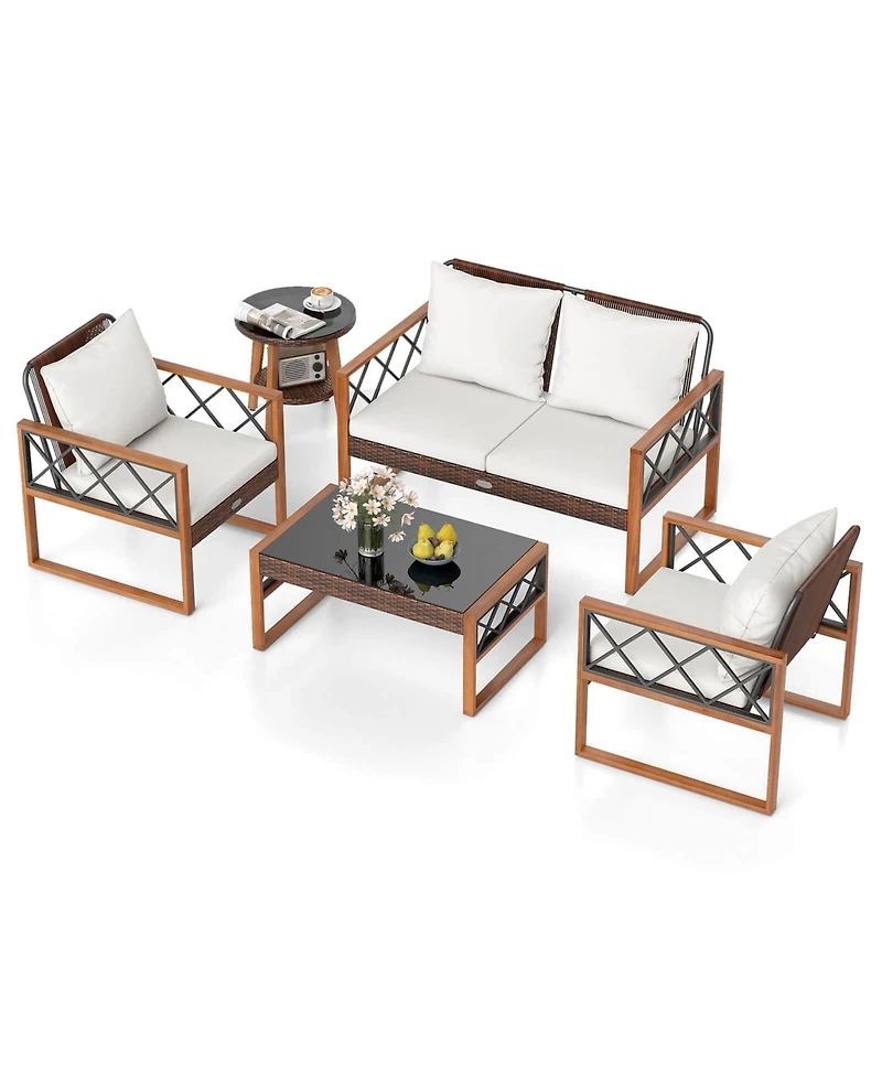 Gymax 5 Pcs Pe Wicker Patio Furniture Set w/Acacia Wood Frame Cushions for Deck Garden