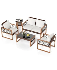 Gymax 5 Pcs Pe Wicker Patio Furniture Set w/Acacia Wood Frame Cushions for Deck Garden