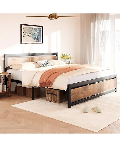 gaomon Bed Frame Metal Platform with Wooden Headboard Footboard Non-Slip Under Storage Noise-Free No Box Spring.