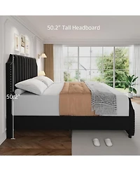 gaomon Bed Frame Velvet Tall Headboard Upholstered Platform Bed Wooden Slats Support No Box Spring Easy Assembly.