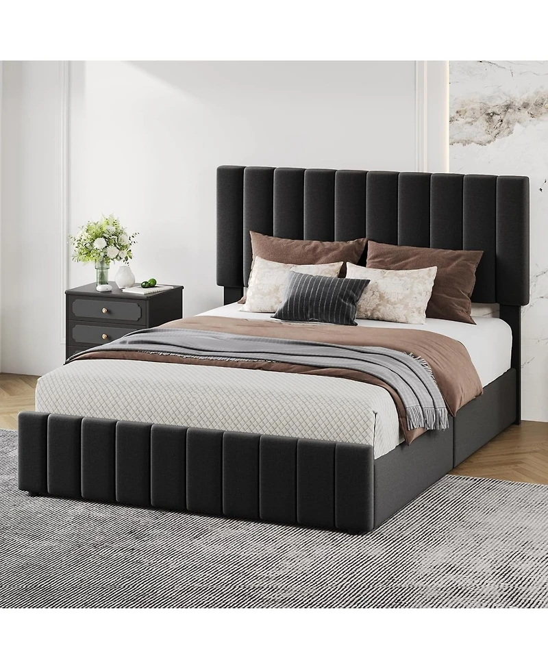 gaomon Upholstered Bed Frame with 4 Storage Drawers- Adjustable Headboard- Wooden Slat Support- No Box Spring Needed