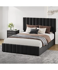 gaomon Upholstered Bed Frame with 4 Storage Drawers- Adjustable Headboard- Wooden Slat Support- No Box Spring Needed