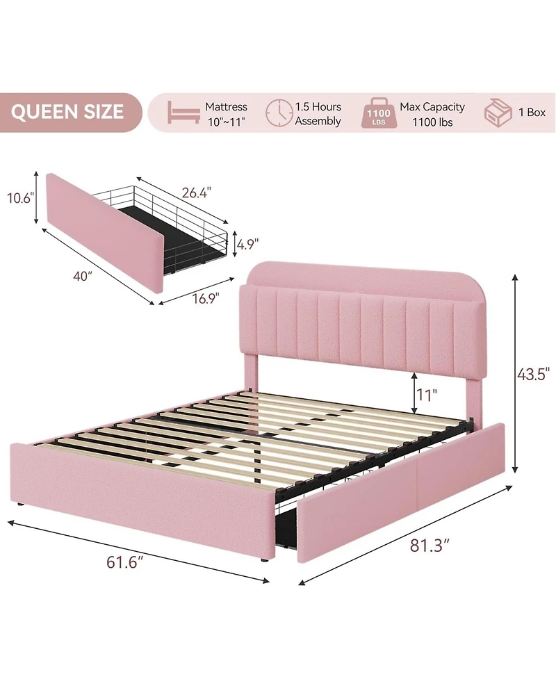 gaomon Upholstered Platform Bed with Storage Headboard and 2 Drawers- Boucle Fabric- Bookcase- Easy Assembly- No Box Spring Needed