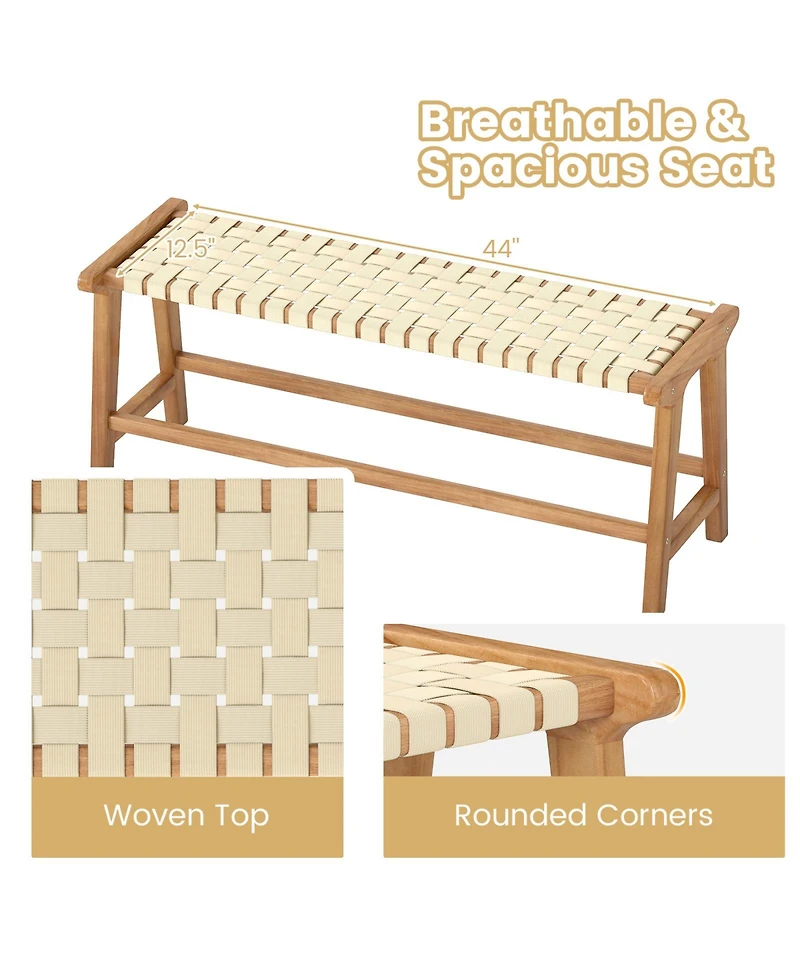 Gymax 47'' Long Teak Wood Patio Bench w/Weave Seat Solid Wood Legs Backless for Porch