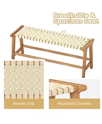 Gymax 47'' Long Teak Wood Patio Bench w/Weave Seat Solid Wood Legs Backless for Porch