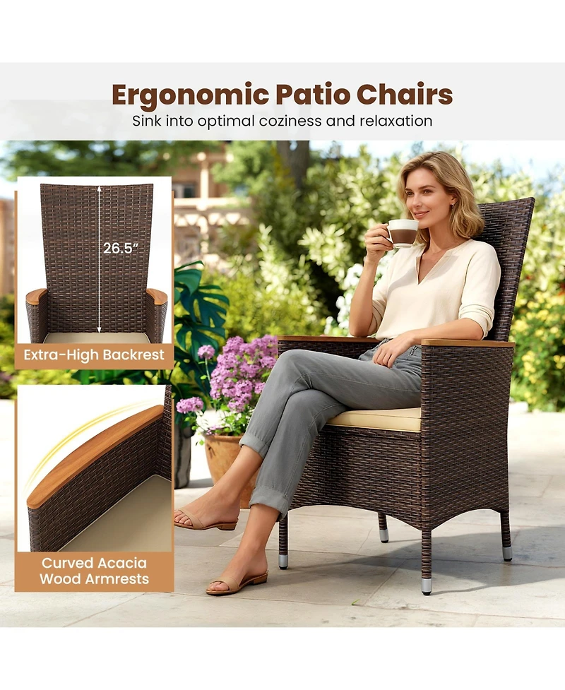 Gymax Patio Rattan Chairs 2 Pcs w/High Backrest and Acacia Wood Armrests Cushion