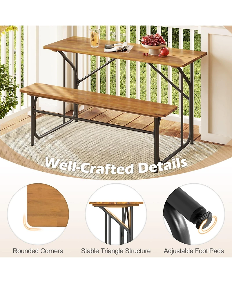 Gymax Patio Table Bench Set for 2 Picnic Table & Loveseat w/Acacia Wood Top Metal Legs