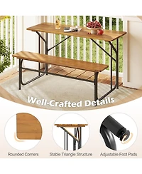 Gymax Patio Table Bench Set for 2 Picnic Table & Loveseat w/Acacia Wood Top Metal Legs