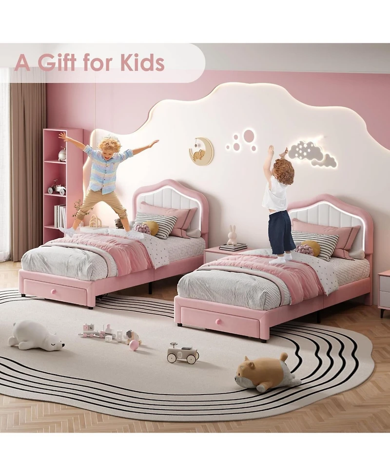 gaomon Twin Led Upholstered Bed Frame Storage Drawer Velvet Platform No Box Spring Wooden Slats Easy Assembly