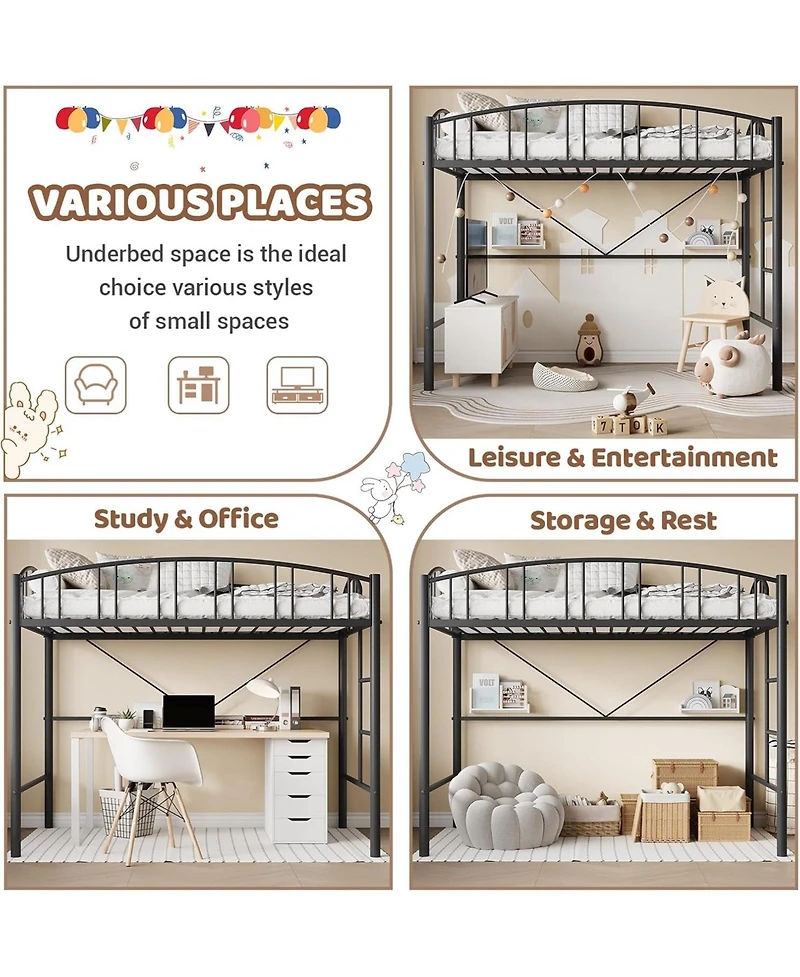 gaomon Loft Bed Twin with Ladde and Arched Guardrail, Heavy Duty Metal Frame for Kids Adults, Sturdy Steel Slats Support