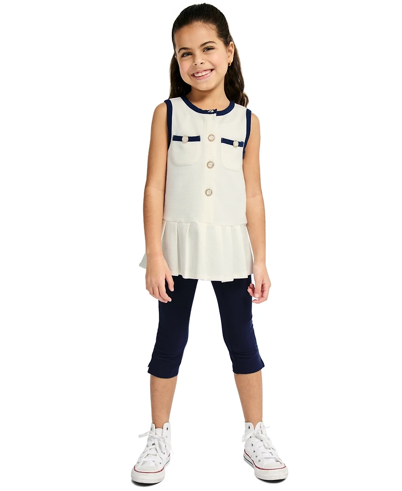 Kids Headquarters Girls' 2T-6X Popcorn Knit Pleated Tunic and Capri Leggings, 2-Piece Set