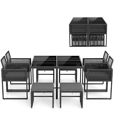 Gymax Set Of 9 Patio Dining Set w/ Pe Rattan Chairs Tempered Glass Table & Ottomans