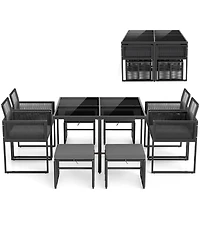 Gymax Set Of 9 Patio Dining Set w/ Pe Rattan Chairs Tempered Glass Table & Ottomans