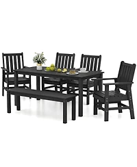 Gymax 6PCS Patio Dining Bench Set Outdoor Hdpe Weather Resistant Table & Chairs