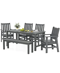 Gymax 6PCS Patio Dining Bench Set Outdoor Hdpe Weather Resistant Table and Chairs Set