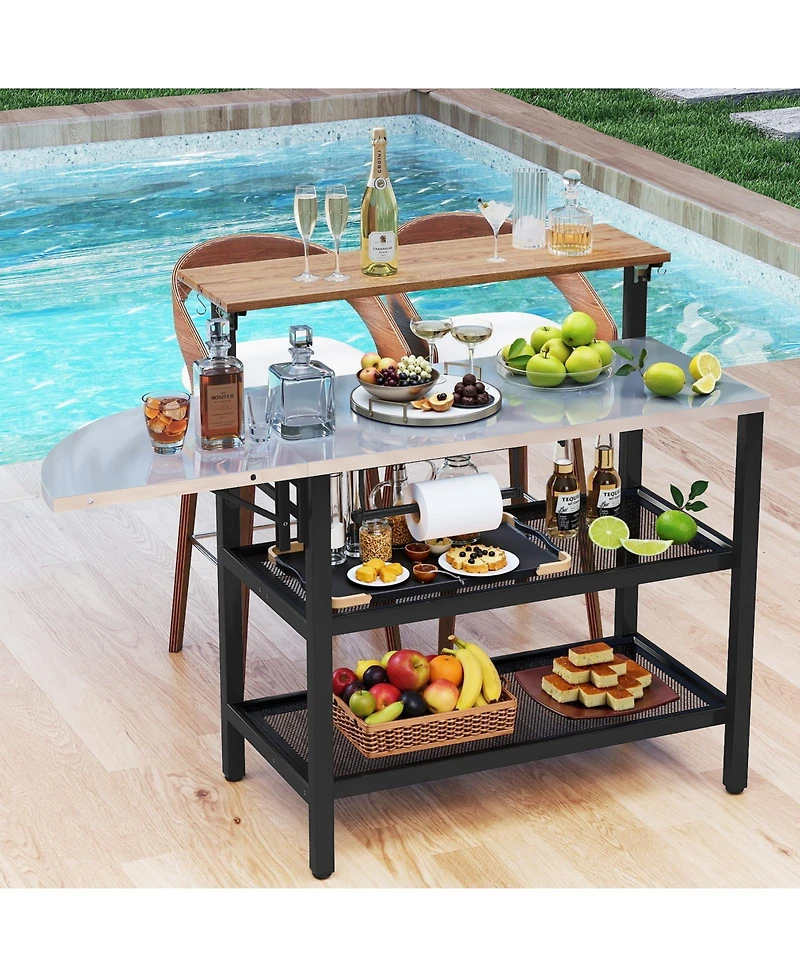 Gymax Patio Bar Table and Rolling Bar Cart w/Flip-Up Top Storage Shelves Removable Hooks