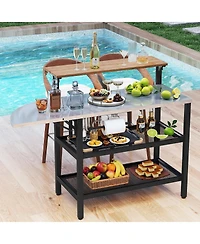 Gymax Patio Bar Table and Rolling Bar Cart w/Flip-Up Top Storage Shelves Removable Hooks