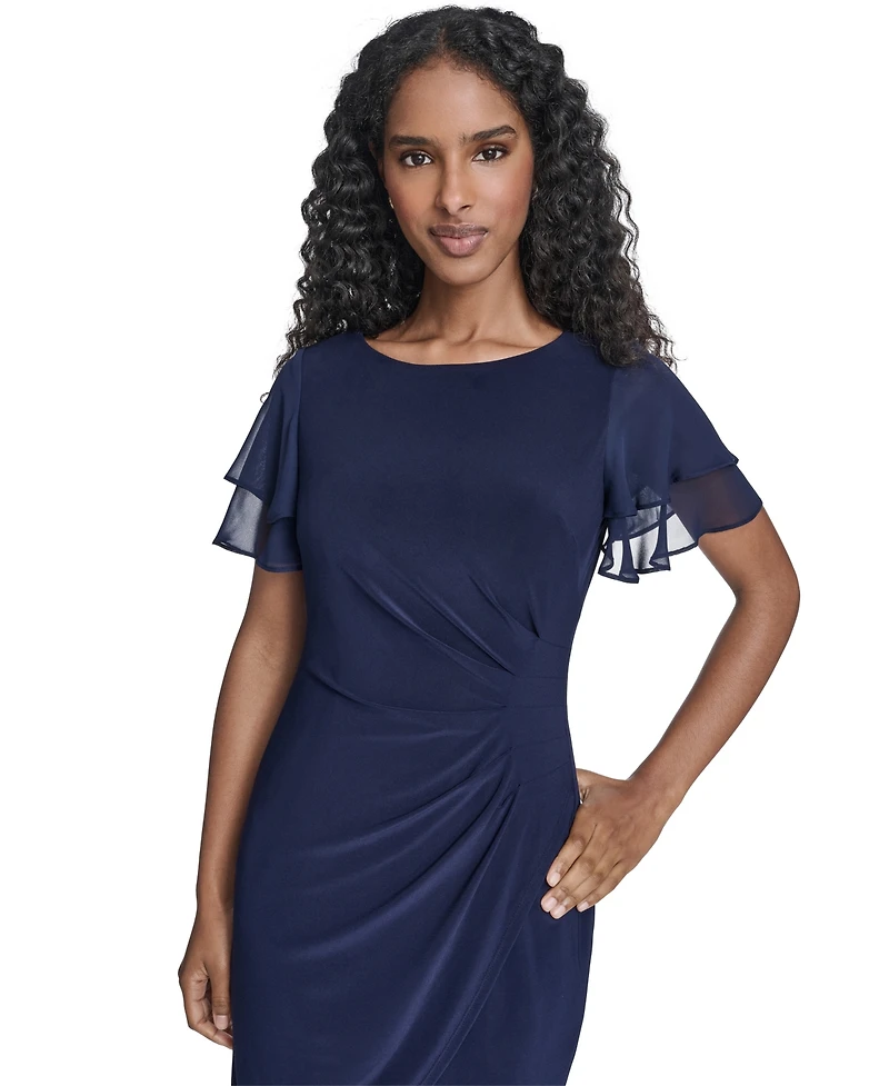 Jessica Howard Petite Flutter-Sleeve Tuck Faux Wrap Sheath Dress
