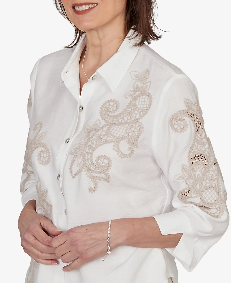 Alfred Dunner Petite Scroll Soutache Button-Front Collared Top