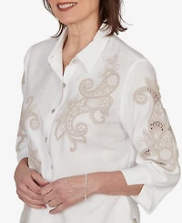 Alfred Dunner Petite Scroll Soutache Button-Front Collared Top