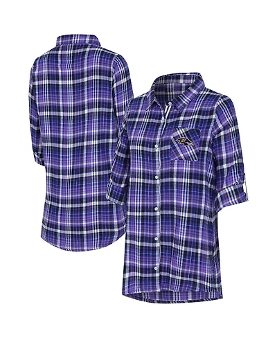 Concepts Sport Women's Purple Baltimore Ravens Laney Plaid Tri-Blend Full-Button Nightshirt