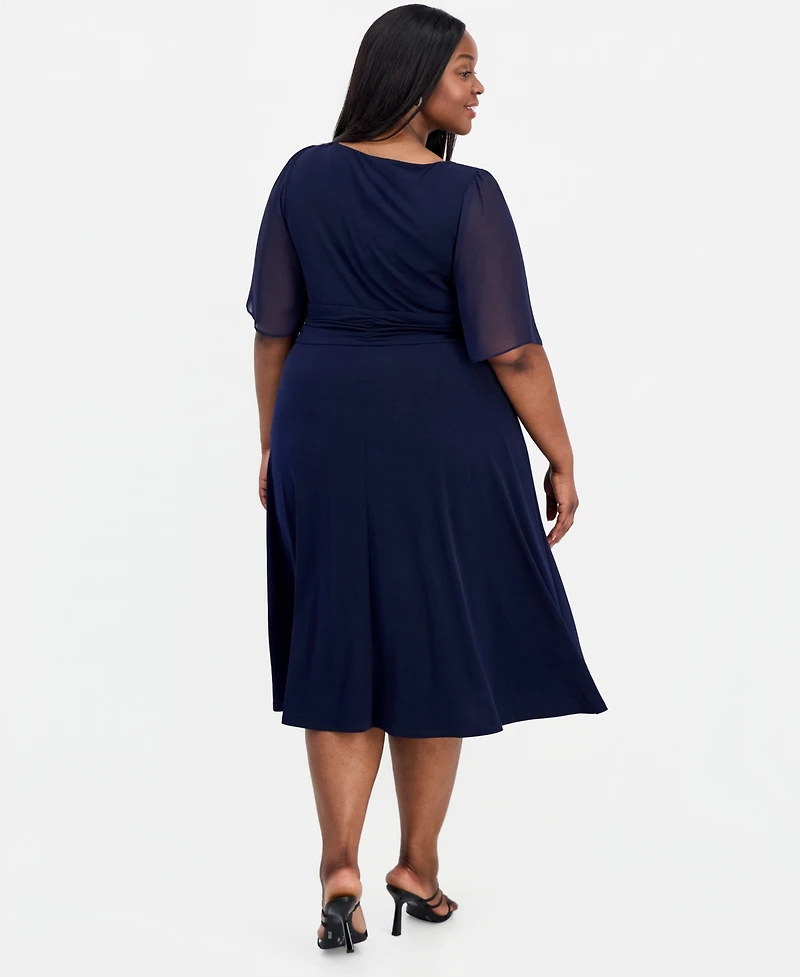Connected Plus Round-Neck Chiffon-Sleeve Dress