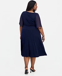 Connected Plus Round-Neck Chiffon-Sleeve Dress