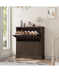 gaomon Fluted Shoe Cabinet with 2 Flip Drawers Narrow Cabinet with Adjustable Shelves and Elegant Handles Wooden Shoe Organizer for Entryway Hallway