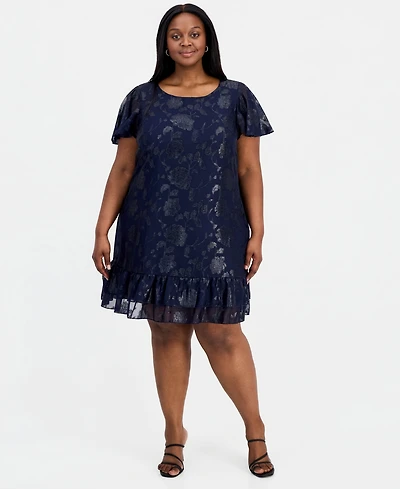 Connected Plus Round-Neck Ruffle-Hem Dress