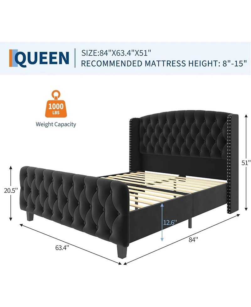 Gaomon King Size Bed Frame with 51'' Tall Wingback Headboard, Velvet Upholstered Platform Bed Frames with Strong Wood Slats Support, Noise Free
