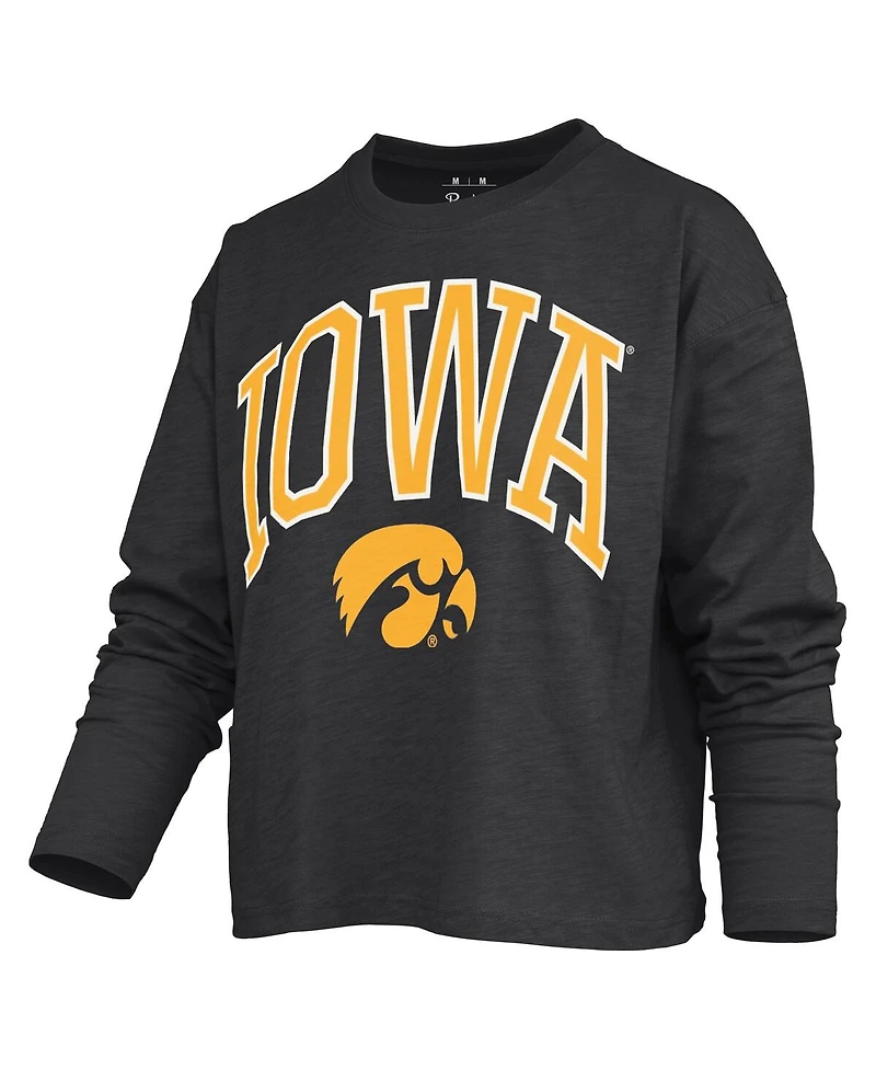 Pressbox Women's Black Iowa Hawkeyes Motley Boxy Waist-Length Long Sleeve T-Shirt