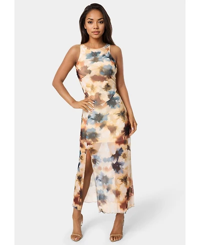 Bebe Women's Printed Powermesh Side Shirred Maxi Dress